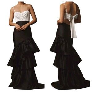 Dress The Population XL Clarice Two-Tone Ruffled Tiered Maxi Dress White Black